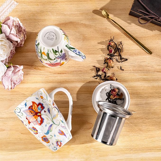 Gbhome Tea Mug with Infuser and Lid, 18 Ounce Large Ceramic Loose Leaf Cup, Microwave, Dishwasher Safe, Perfect for Tea Lovers