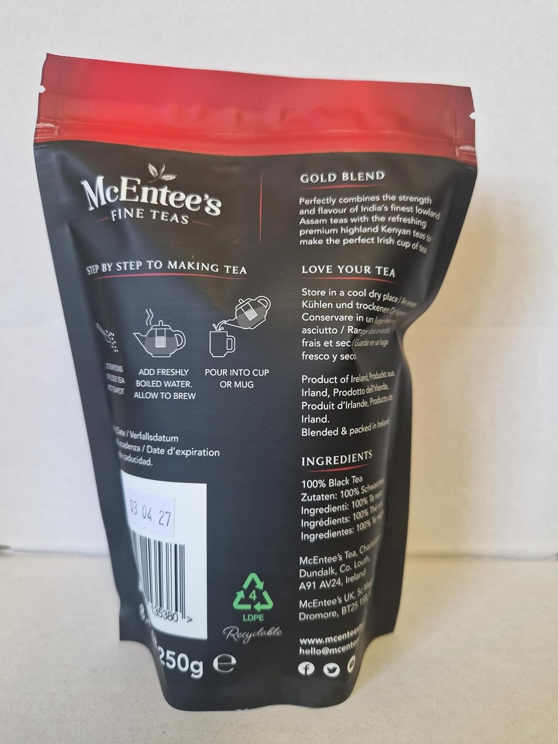 McEntee's Irish Loose Leaf Gold Blend Tea - (Pack of 2) - 250g Refill Bag - Expertly blended in Ireland to give that perfect cup of tea. A traditional Irish blend (Assam and Kenyan).
