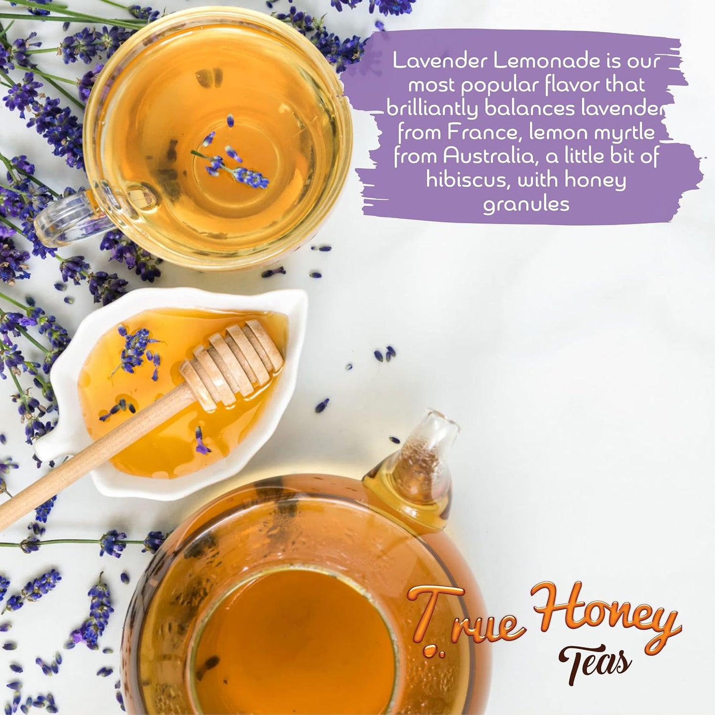True Honey Lavender Lemonade Tea Bags - Tranquil Tea for Sleep, Stress Relief and Calm - All Natural Organic Lemon Myrtle Herbal Caffeine-Free Blended with Honey Crystals - 24 Count