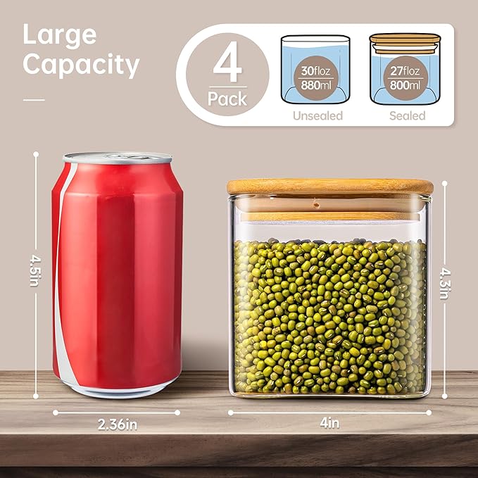 27oz - 4 Pack Square Glass Jars with Bamboo Lids, Glass Food Storage Containers with Airtight Lids for Kitchen