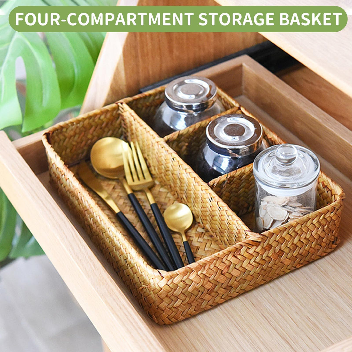 Nonam Large 4-Section Seagrass Tea Bag Organizer,Divided Basket,Natural