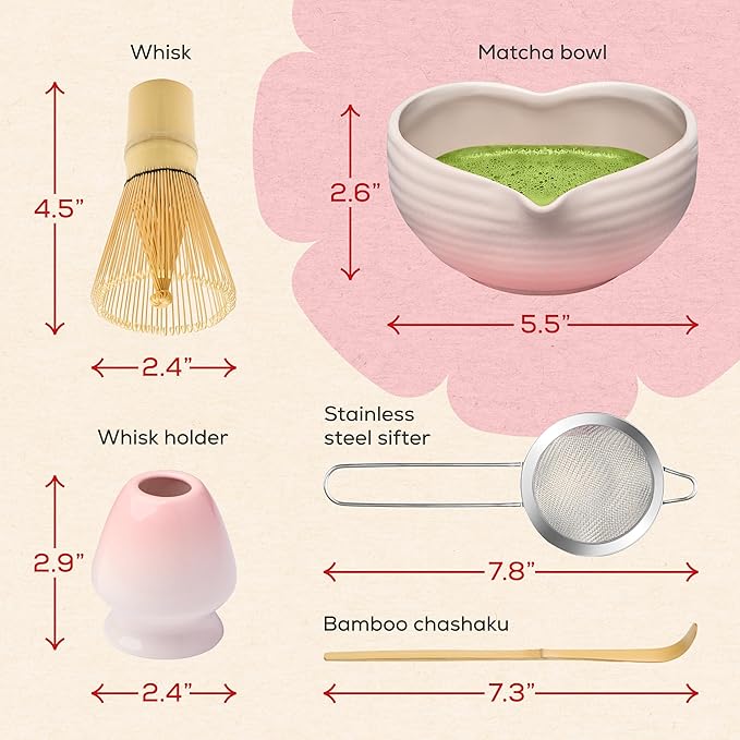 Rehny’s Matcha Whisk Set, Complete Matcha Set w/Heart-Shaped Bowl, Bamboo Whisk, Holder, Stainless Steel Sifter, Bamboo Scoop