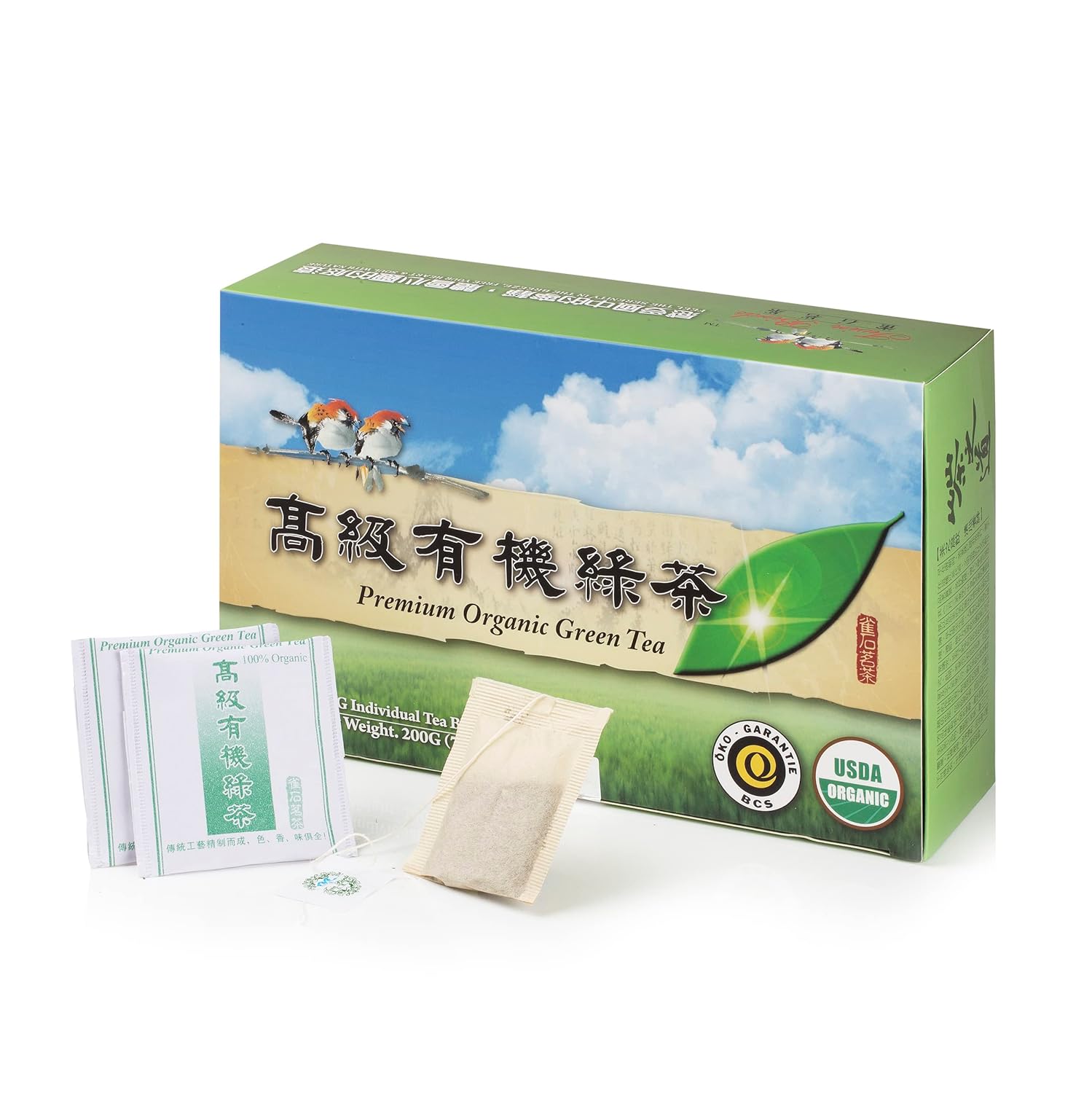Wing Hop Fung Premium Organic Green Tea Fresh Sealed Natural Leaves Individually Wrapped 100 Tea Bags Perfect for Hot or Iced Tea