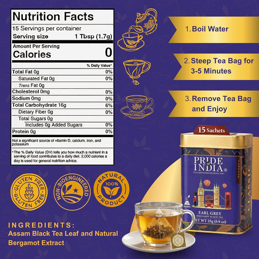 Pride of India Earl Grey Bergamot Black Tea - 30 Pyramid Tea Bags (2 PACK) | Individually Wrapped Full Leaf Assam Tea with Natural Bergamot Extract | Smooth Citrusy Malty Brew, Medium Caffeine