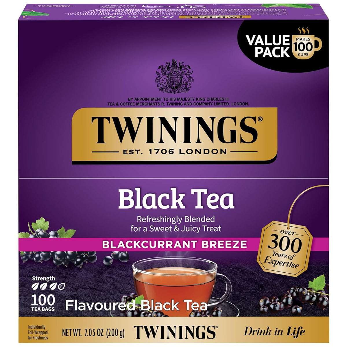 Twinings Blackcurrant Breeze Black Tea Individually Wrapped Bags, 100 Count (Pack of 1), Sweet, Tangy Taste, Caffeinated, Enjoy Hot or Iced, 100 Teabags