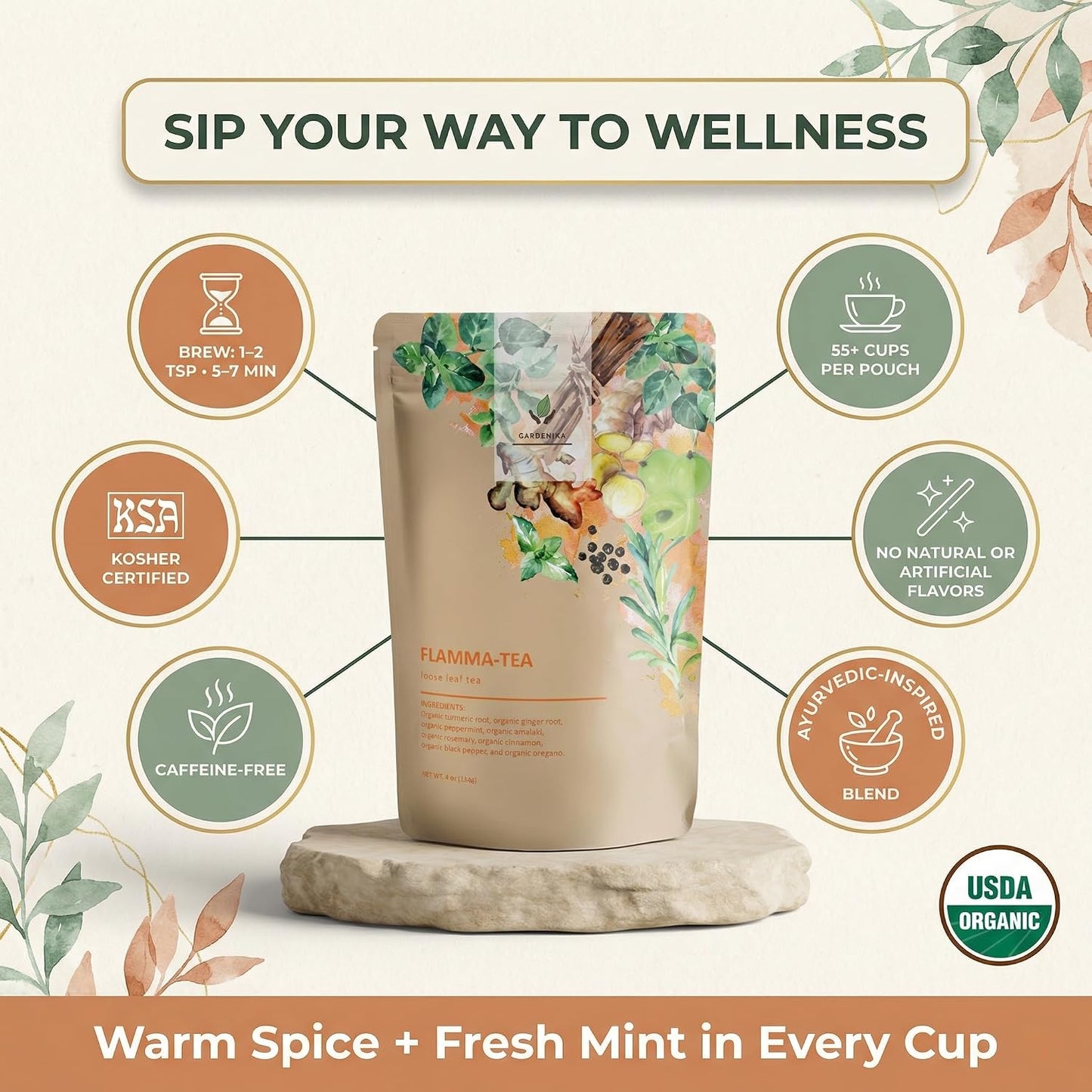 Gardenika Organic Flamma-tea Loose Leaf Tea | Premium Turmeric Ginger Blend with Cinnamon, Peppermint &amp; Black Pepper | 100% Natural, Caffeine Free Herbal Wellness Tea | 4oz (113g)