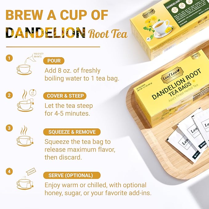 LeafLea 80 Dandelion Tea Bags, All Natural and Pure Dandelion Root Tea, Supports Digestion & Immune Health, Individually Wrapped Tea Bags, Caffeine-Free, Vegan, No Sugar, Gluten-Free, Non-GMO, 2 Pack