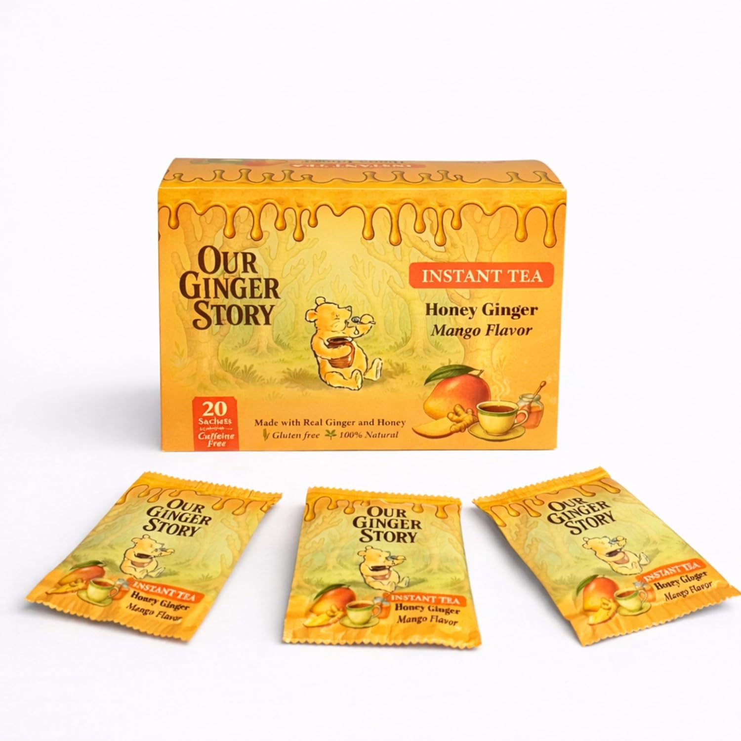 Premium Honey Ginger Instant Tea Crystals, Mango Flavor, 20 Sachets, Real Ginger, Real Honey, Pure Cane Sugar, Caffeine Free, Hot Or Cold Single Serve Drink Mix