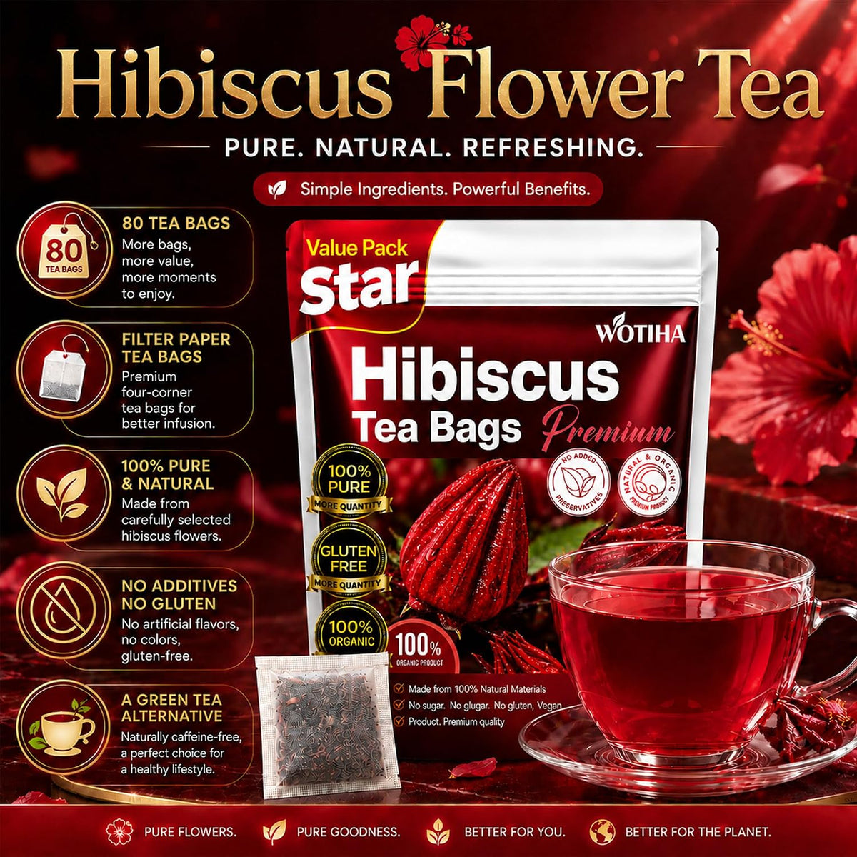 WOTIHA Premium 80 Hibiscus Flower Tea Bags (Flor de Jamaica) - 100% Natural