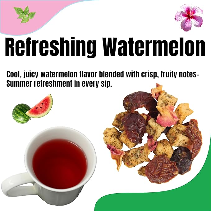 Tea Whisker - Refreshing Watermelon, Fruity Herbal, Loose Leaf Tea, 4 Ounce Pouch, Serve Iced or Hot, Non-Caffeinated