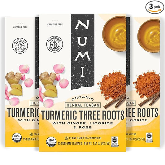 Numi Organic Tea Three Roots, 12 Count Box of Tea Bags (Pack of 3) Turmeric Tea