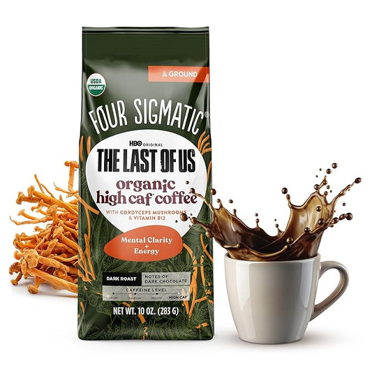 Four Sigmatic Focus Max High Caffeine Cordyceps Coffee, Organic Dark Roast High Caffeine Ground Coffee with Cordyceps, Lion's Mane and B12