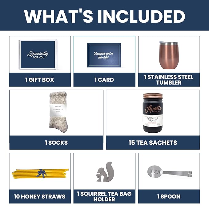 Tea Gift Set Gifts for Women Cozy Socks 15 Tea Sachets 10 Honey Straws Tea Bag Holder Strainer Spoon Greeting Card (Sweet Cream Earl Grey + Socks)