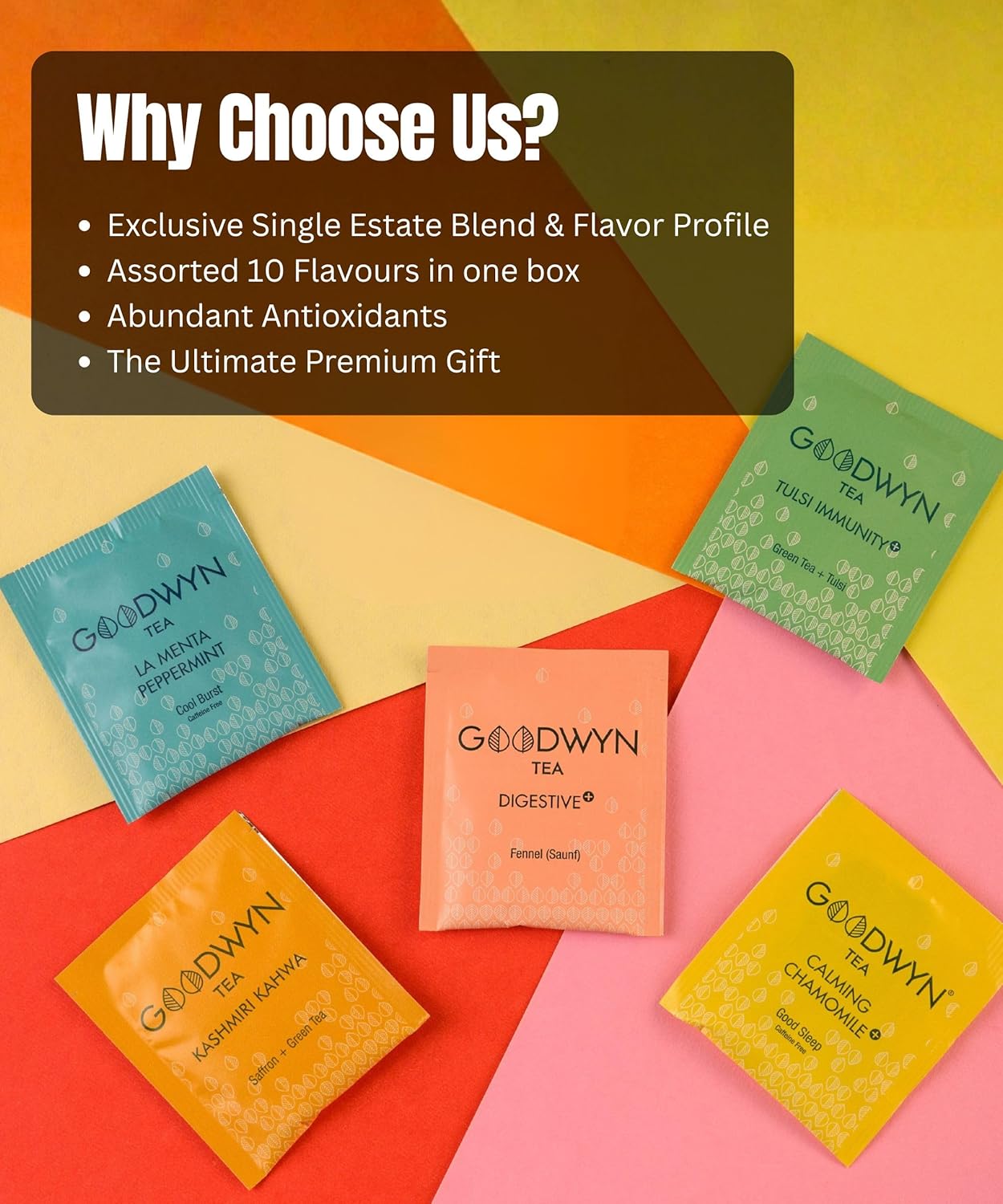 Goodwyn Assorted Tea Sampler Box – 20 Individually Wrapped Tea Bags | Premium Herbal, Black & Green Tea Collection in Reusable Wooden Chest | 10 Flavors x 2 Each: Tulsi, Kahwa, Turmeric, Assam, Green Tea, Lemon & More | Ideal Gift Set Box