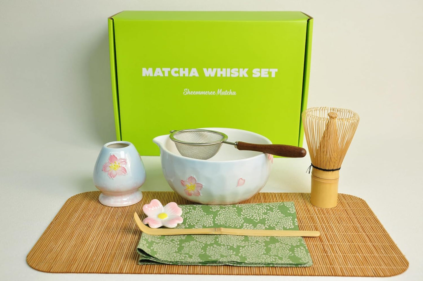 Matcha set with tray 8pcs, Japanese Matcha Kit includes Ceramic Matcha Bowl, Bamboo Matcha Whisk (Chasen), Whisk Holder, Macha Scoop(Chashaku)