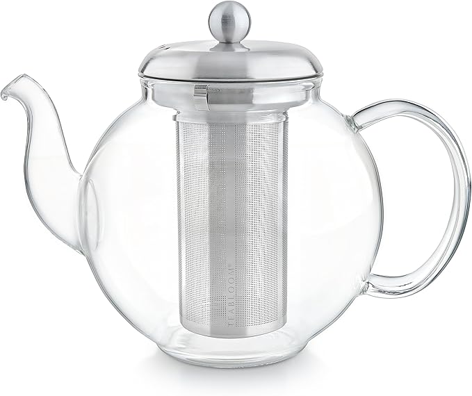 Teabloom Heritage Borosilicate Glass Teapot – 40 oz Classic Round Design with Stainless Steel Infuser – Stovetop Safe, Drip-Free Spout