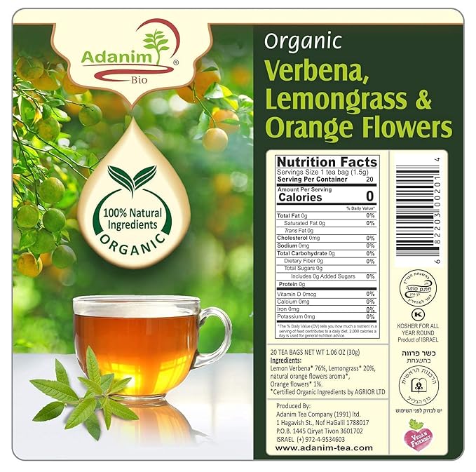 Adanim Bio Good Night Lemon Verbena Tea Lemongrass Herbal Tea Orange Flowers 1.5g x 80 Individually Wrapped Tea Bags Premium USDA Organic Caffeine Free Wellness Tea Relax Natural Ingredients for Sleep