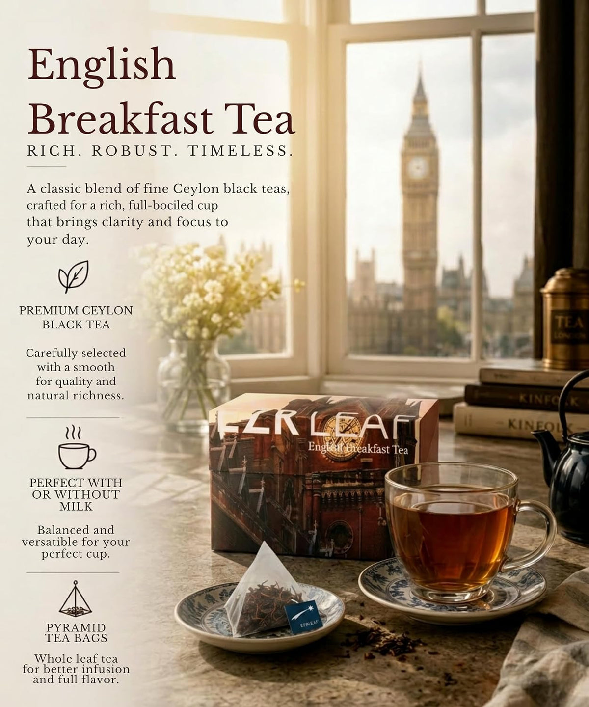 EZR Leaf English Breakfast Premium Whole Leaf Ceylon Black Tea, 20 counts 2.1 Once, Rich Flavor &amp; Bold Aroma Blend, A Morning Ritual in Every Cup