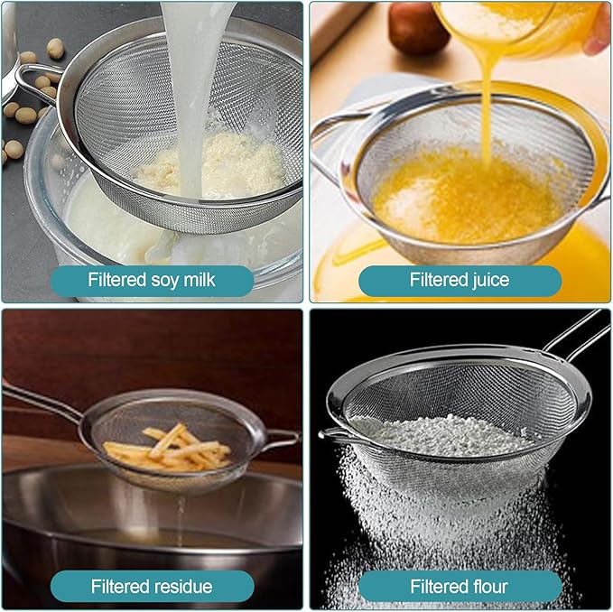 3 Pack Fine Mesh Strainer, Small Stainless Steel Sieves with Handles, for Steeping Loose Leaf Tea, Straining Cocktail, Juice and Sifting Flour