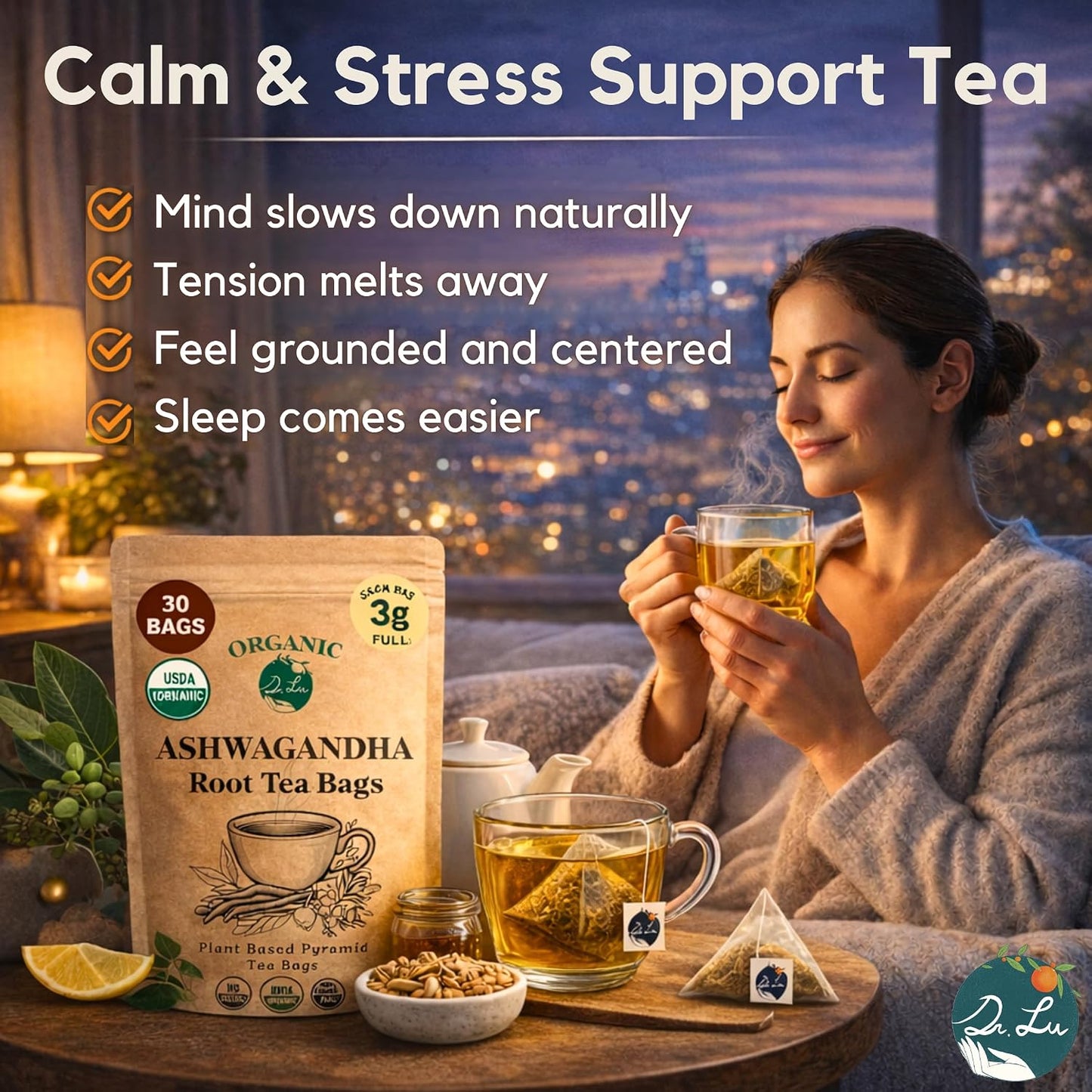 Dr. Lu’s Organic Ashwagandha Tea | Wild-Harvested in India’s Ayurvedic Regions | 100% Natural Calm &amp; Stress Support | 30 x 3g Full Strength Corn Fiber Pyramid Bags (No Plastic, No Nylon)
