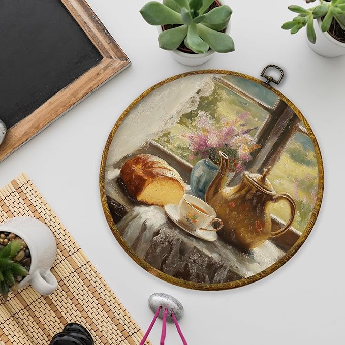 XPH Abstract Vintage Teapot Bread Round Wall Art Framed, Antique Coffee Cup Floral Circle Wall Decor