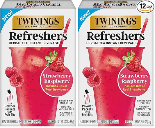 NEW Twinings Strawberry Raspberry Refreshers, Herbal Tea Instant Beverage with Real Strawberry Fruit Bits, 5 Count (Pack of 2), Café Style, No Artificial Sweeteners, Naturally Caffeine-Free, 5 Packets