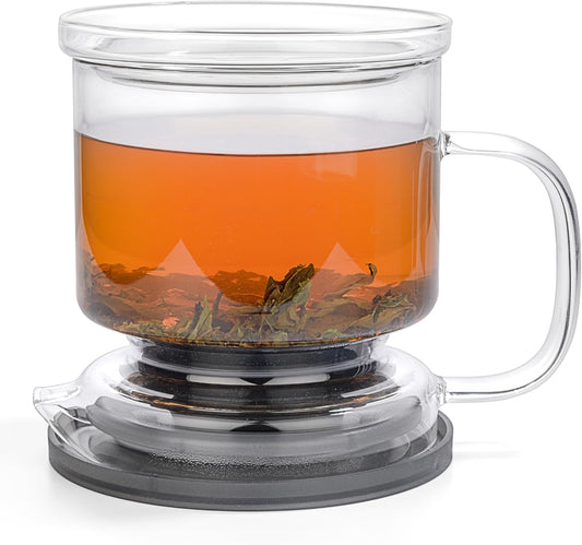 Glass Tea Infuser – Loose Leaf Brewer Cup with Lid | 17oz | Premium Glass Steeper for Loose Leaf with Coaster | Easy Brew &amp; Clean, BPA-Free, Innovation Smart Tea Maker for Daily Brewing