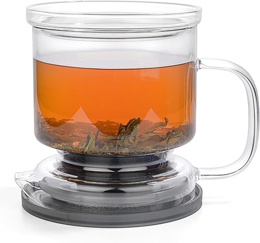 Glass Tea Infuser – Loose Leaf Brewer Cup with Lid – Premium Glass Steeper for Loose Leaf with Coaster, Easy Brew & Clean, BPA-Free