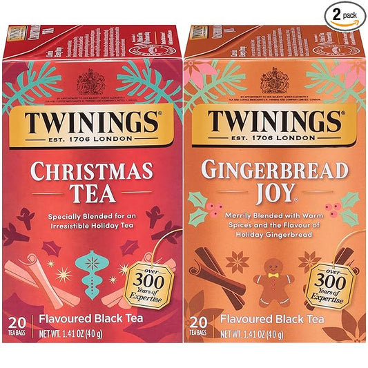 Twinings Christmas and Gingerbread Black Teas, 2-20 Count Packs, 40 Individually Wrapped Tea Bags, Aromatic with Holiday Spices, Caffeinated, Enjoy Hot or Iced