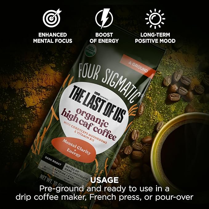Four Sigmatic Focus Max High Caffeine Cordyceps Coffee, Organic Dark Roast High Caffeine Ground Coffee with Cordyceps, Lion's Mane and B12