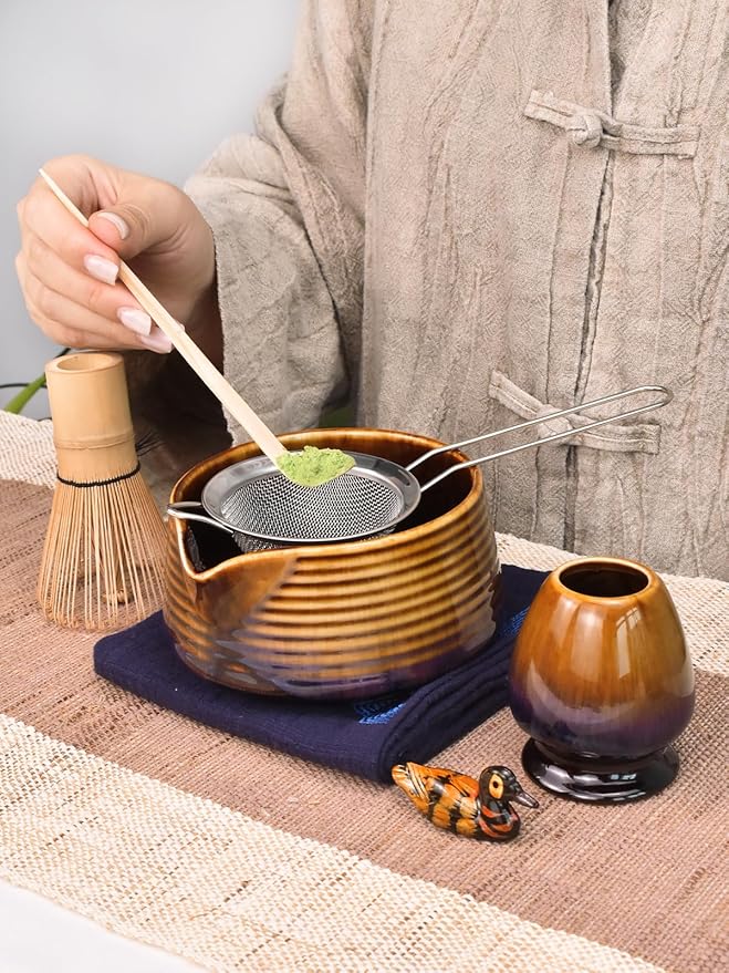 Artcome Matcha Tea Set – Japanese Matcha Kit with Bamboo Whisk, Pouring Spout Bowl, Scoop, Sifter, Holder & Manual