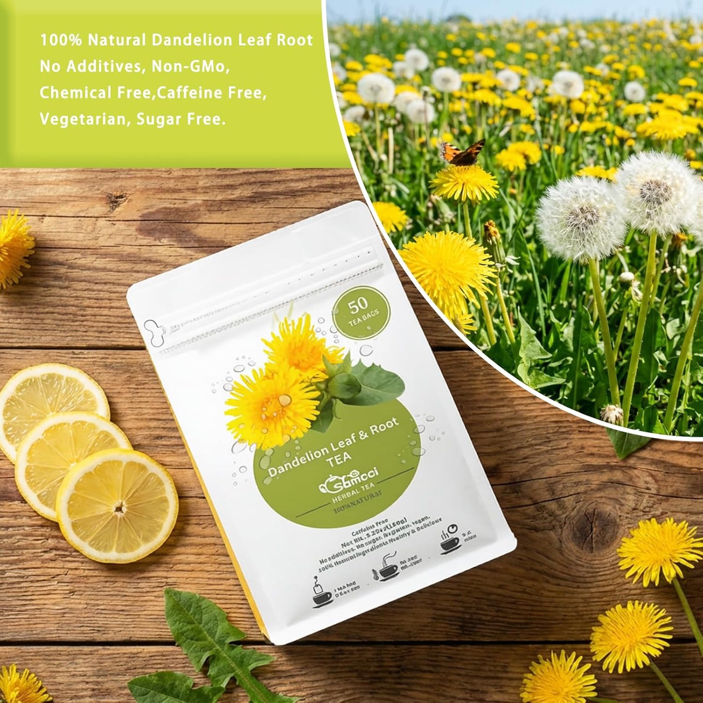 Samcci - Dandelion Leaf &amp; Root Tea Bags, 50 Count, Dandelion Herbal Tea