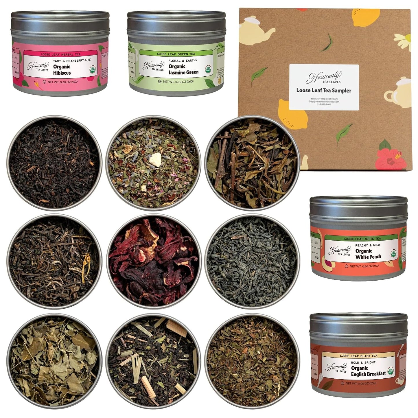 Heavenly Tea Leaves Organic 9 Flavor Variety Pack, Loose Leaf Tea Sampler Gift Set (Approx. 90 Cups), Assorted Green Black White Herbal Teas