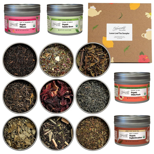 Heavenly Tea Leaves Organic 9 Flavor Variety Pack, Loose Leaf Tea Sampler Gift Set (Approx. 90 Cups), Assorted Green Black White Herbal Teas
