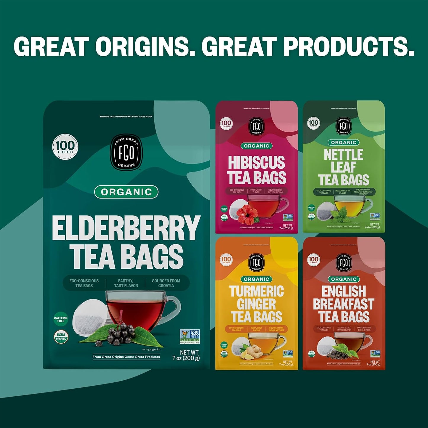 FGO Organic Elderberry Tea, 100 Count, Eco-Conscious Tea Bags, Resealable Bag, Packaging May Vary (Pack of 1)