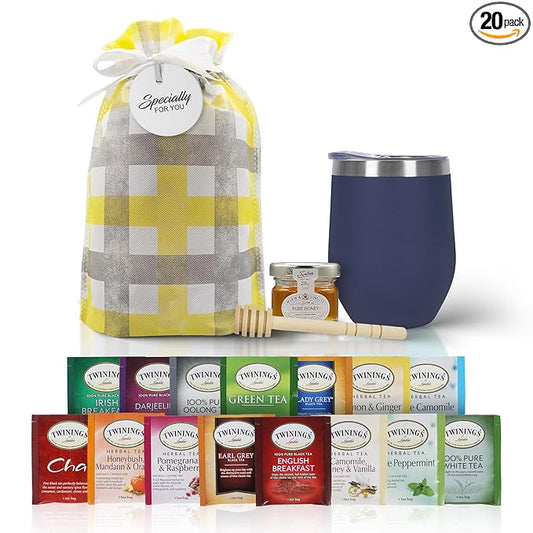 Tea Gift Set for Women & Men – Includes Assorted Teas, Elegant Mug & Honey (Blue)