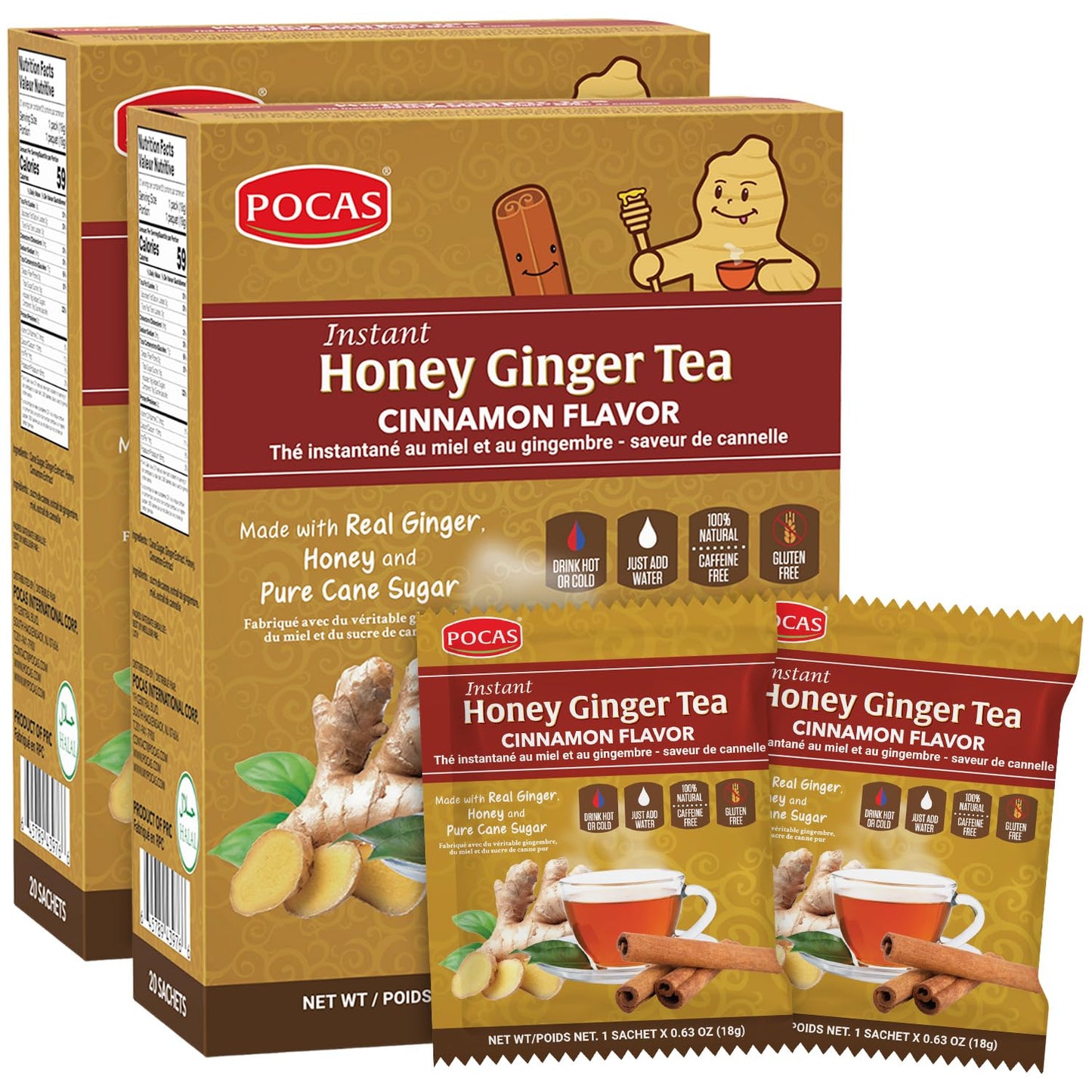 Pocas Tea Powder, Honey Ginger with Cinnamon, 20 Count (Pack of 2)