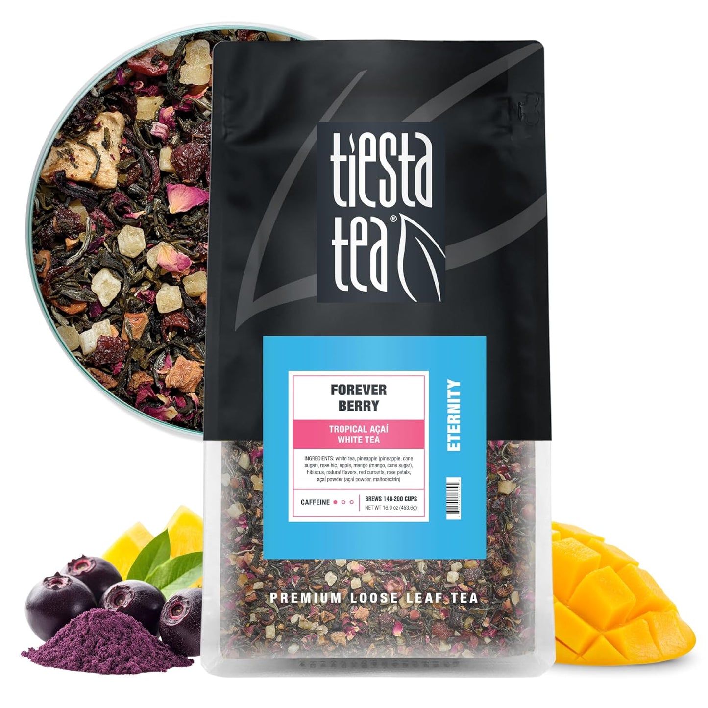 Tiesta Tea - Forever Berry Tea, Loose Leaf, Tropical Açaí White Tea | Premium Low Caffeine Tea Blend, Make Hot or Iced &amp; Up to 200 Cups, 16 oz Resealable Bulk Pouch