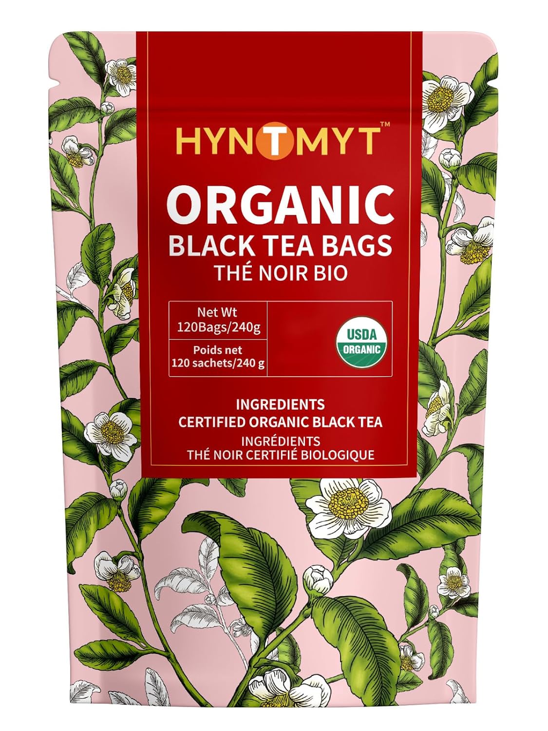 HYNTMYT Organic Black Tea Bags, USDA Organic Black Tea, Mellow & Smooth Taste, Unsweetened, Lower Caffeine, 120 Count