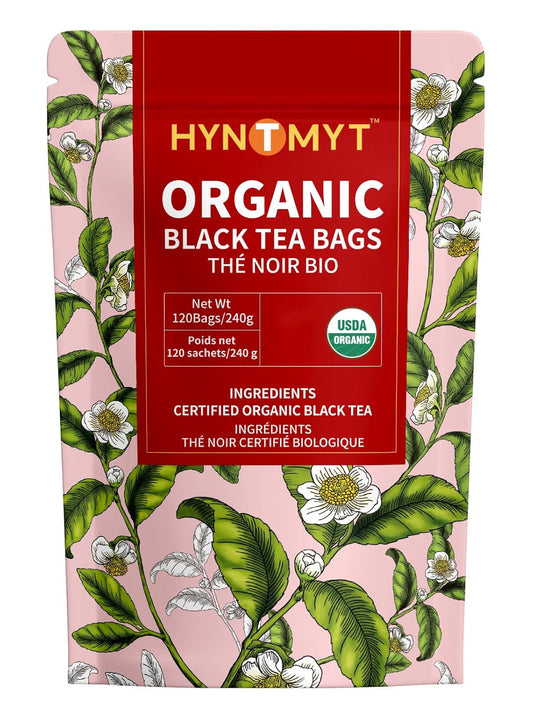 HYNTMYT Organic Black Tea Bags, USDA Organic Black Tea, Mellow & Smooth Taste, Unsweetened, Lower Caffeine, 120 Count