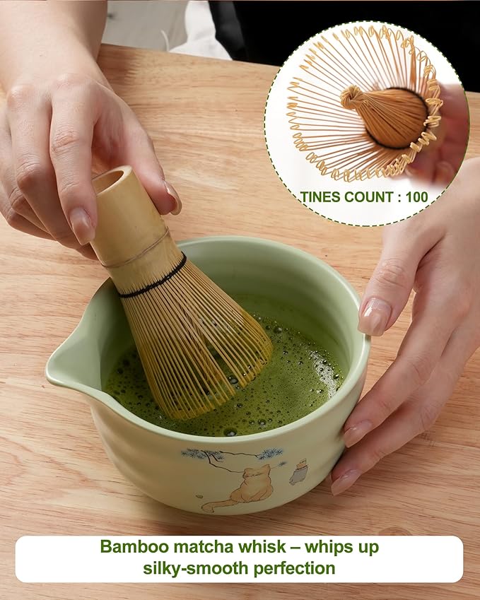 Matcha Whisk Set, Ceramic Matcha Set Includes Matcha Bowl, Matcha Whisk and Holder, Bamboo Scoop, Scoop Rest, Sifter and Tea Towel