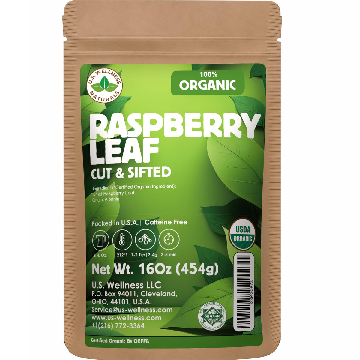 U.S. Wellness Naturals Raspberry Leaf Tea - 16Oz (REAL WILD HARVEST) | 100% USDA Certified ORGANIC | Loose Leaf (Rubus idaeus