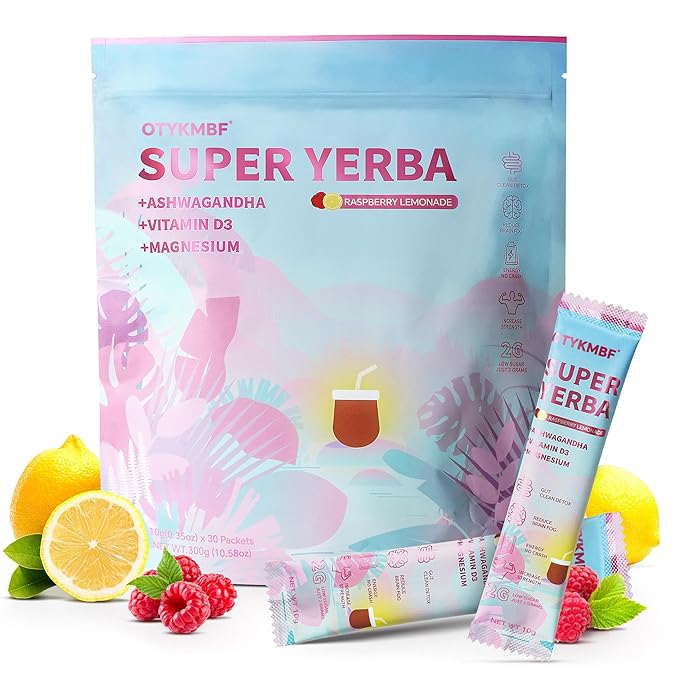 OTYKMBF Super Yerba Instant Powder Packets, Mate Tea with Raspberry Lemonade Flavor, 30 Servings Yerba Mate for Calm Energy, Focus Boost and Gut Health