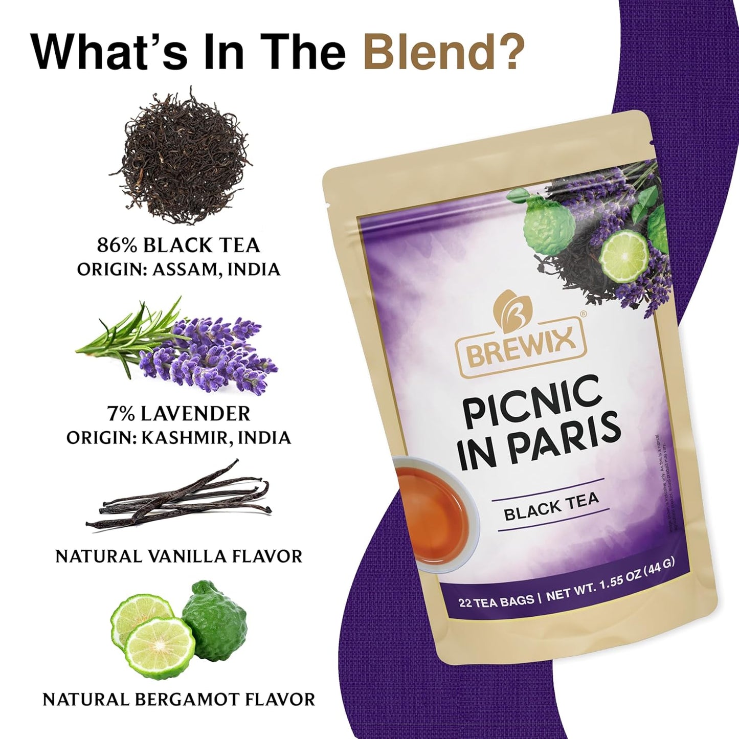 BREWIX, Earl Grey with Lavender Tea, Picnic in Paris Black Tea (25 Pyramid Tea Bags) | Black Tea with Bergamot, Lavender and Vanilla Notes | Gourmet Tea