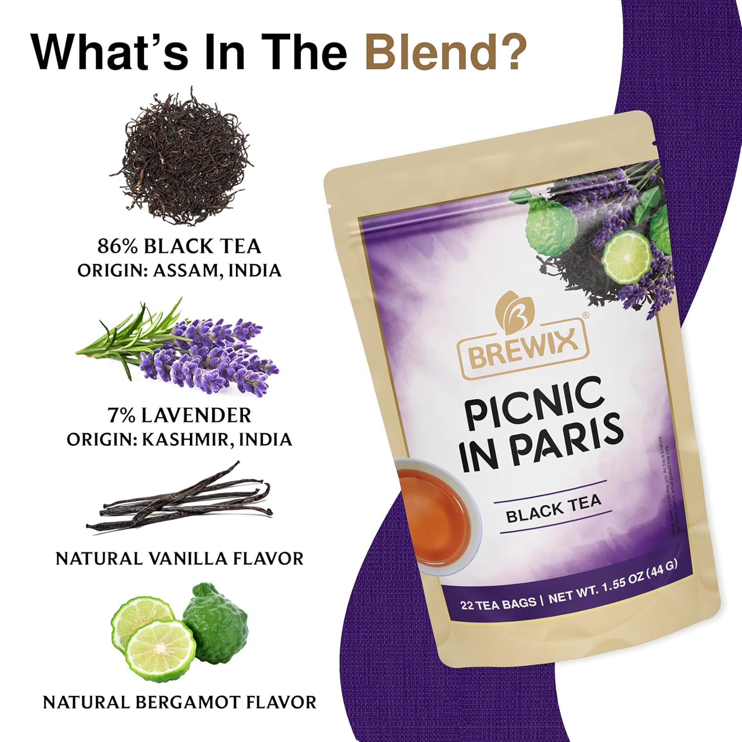 BREWIX, Earl Grey with Lavender Tea, Picnic in Paris Black Tea (25 Pyramid Tea Bags) | Black Tea with Bergamot, Lavender and Vanilla Notes | Gourmet Tea