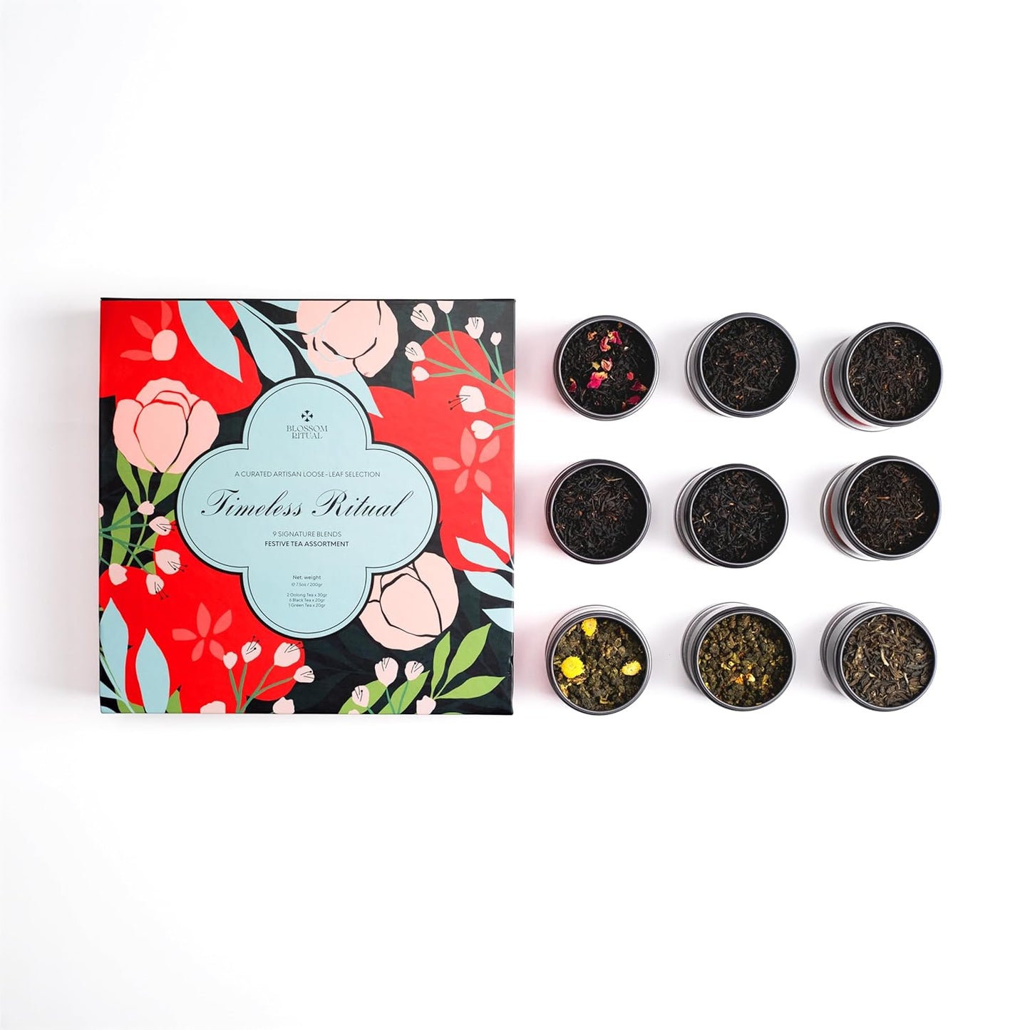 BLOSSOM RITUAL Timeless Ritual Luxury Loose‑Leaf Tea Gift Box – 9 Tin Cans Premium Black, Oolong & Green Tea Assortment – Elegant, Festive & Artisanal