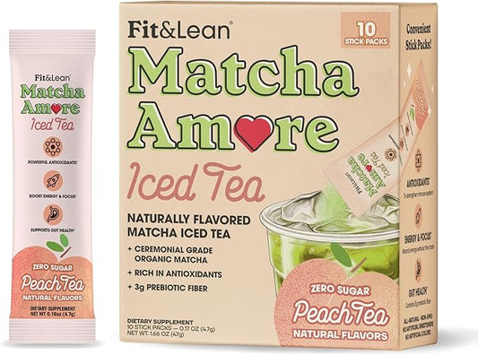 Fit & Lean Matcha Amore Iced Tea, Organic Ceremonial Grade Matcha Green Tea, Prebiotic Fiber, L-Theanine, Naturally Sweetened, NON-GMO, 0 Sugar, Peach Iced Tea, 10 Stick Packs