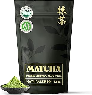 NaturaleBio Matcha Green Tea Powder. Ceremonial Grade Organic, 3.5 oz. From Uji, Kyoto for Traditional Japanese Tea Ceremony. Matcha Powder Free of Added Sugars and Preservatives.