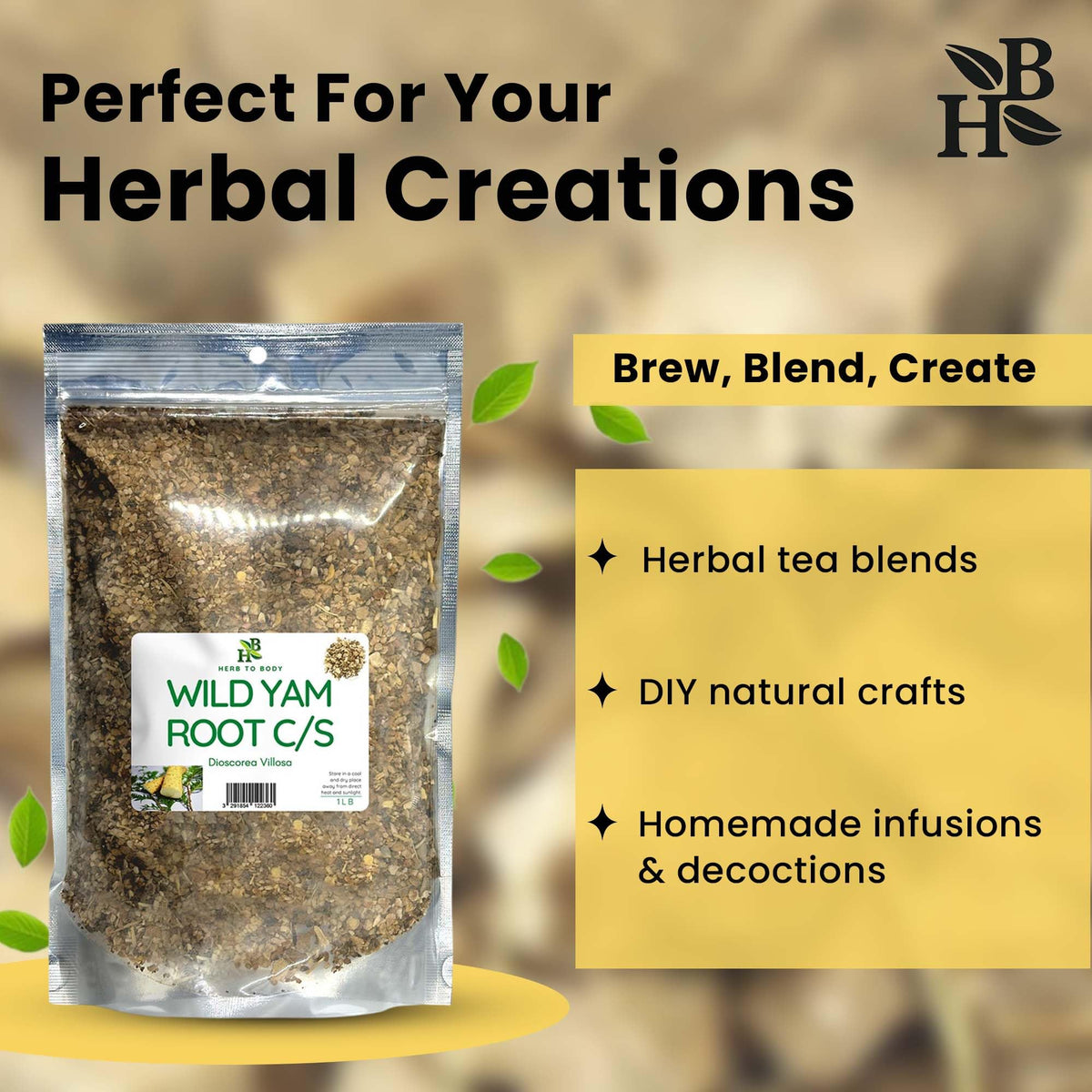 Herb To Body Wild Yam Root Cut & Sifted – 4 oz, Wildcrafted Dioscorea Villosa for Herbal Tea, Relaxation Support, and