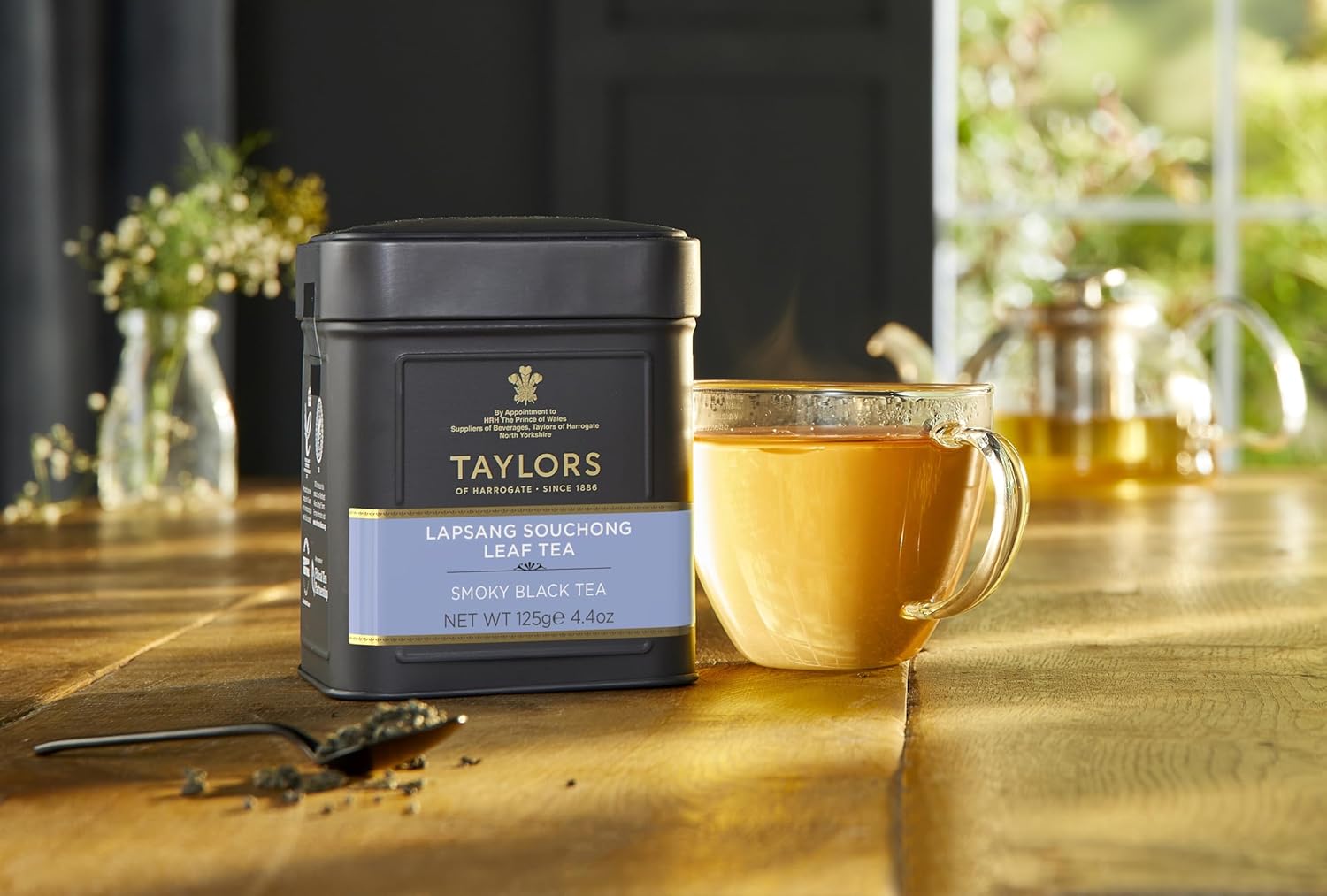 Taylors of Harrogate Lapsang Souchong, Black Tea, Loose Leaf, 4.41 Ounce Tin Caddy, Smoky, Rich and Strong, Caffeinated, Premium Whole Leaf Tea